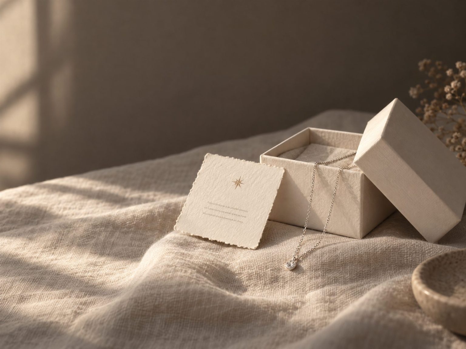 An ivory LELUE gift box with a deckle-edged Promise Card and a silver chain on linen
